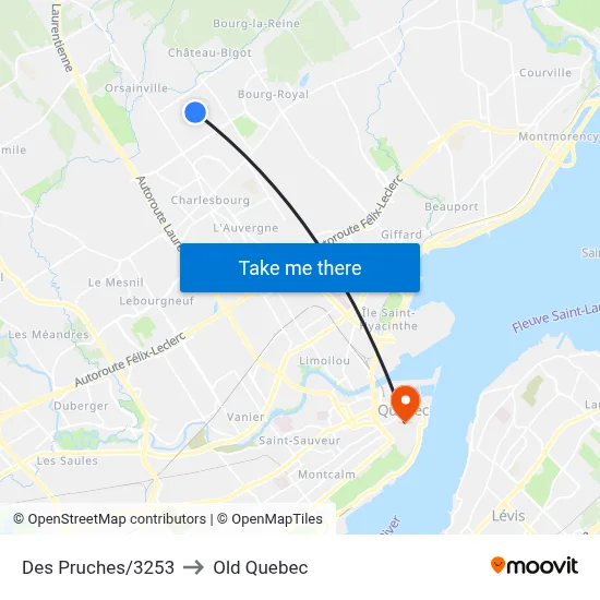 Des Pruches/3253 to Old Quebec map