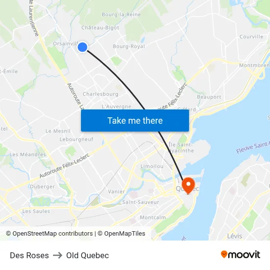 Des Roses to Old Quebec map
