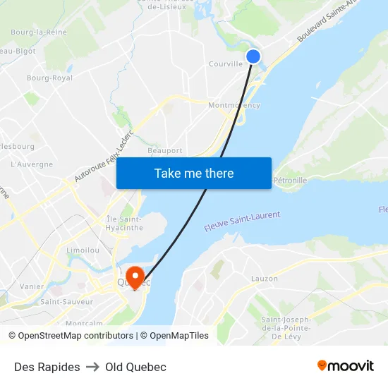 Des Rapides to Old Quebec map