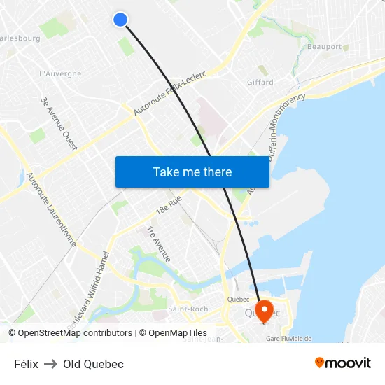 Félix to Old Quebec map