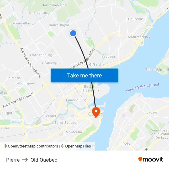 Pierre to Old Quebec map