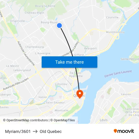 Myriam/3601 to Old Quebec map