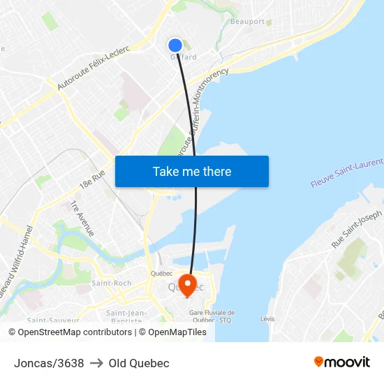 Joncas/3638 to Old Quebec map
