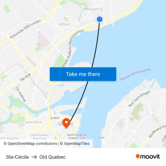Ste-Cécile to Old Quebec map