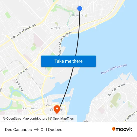 Des Cascades to Old Quebec map