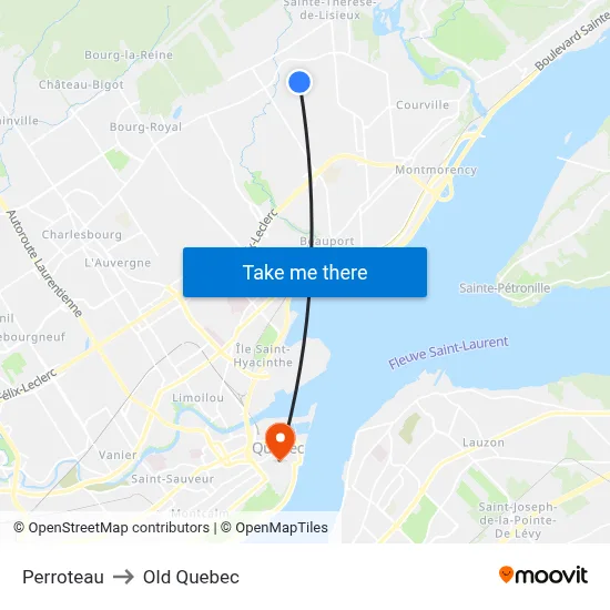 Perroteau to Old Quebec map