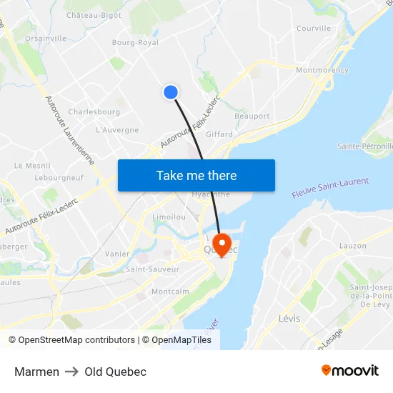 Marmen to Old Quebec map