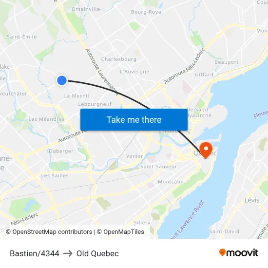 Bastien/4344 to Old Quebec map