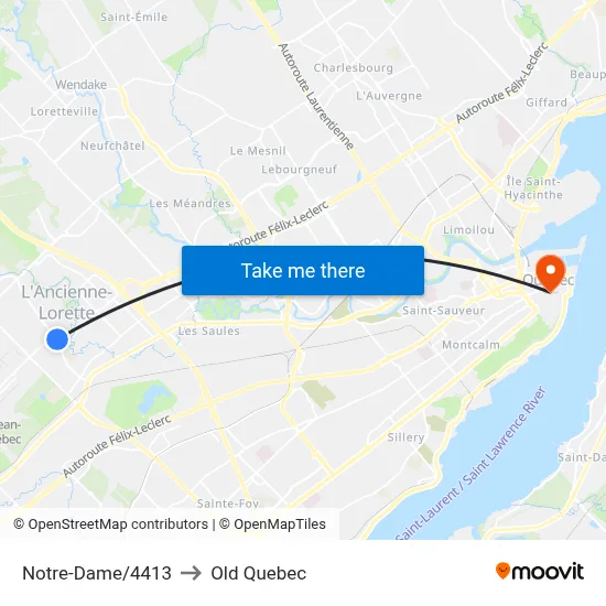 Notre-Dame/4413 to Old Quebec map
