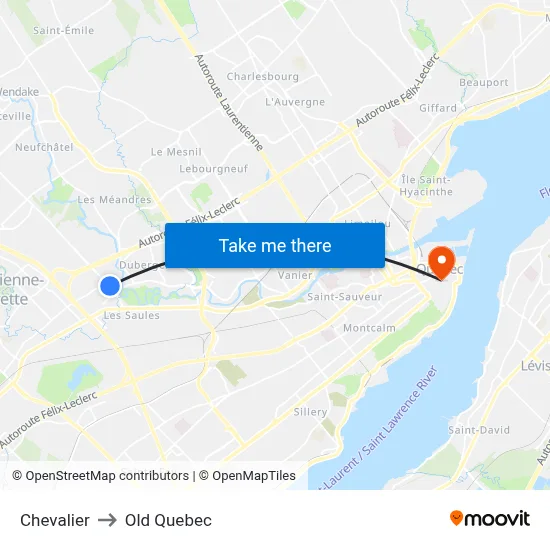 Chevalier to Old Quebec map