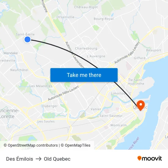 Des Émilois to Old Quebec map