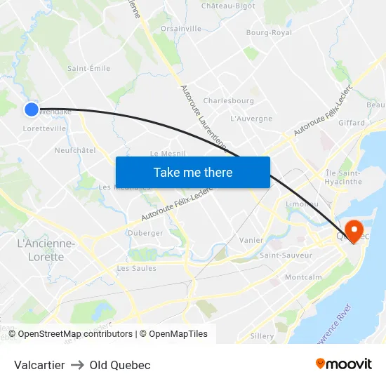 Valcartier to Old Quebec map