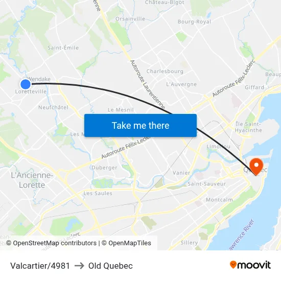 Valcartier/4981 to Old Quebec map