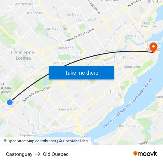 Castonguay to Old Quebec map