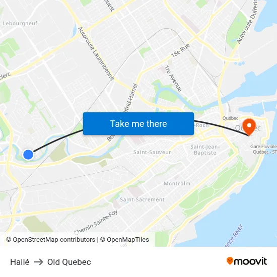 Hallé to Old Quebec map