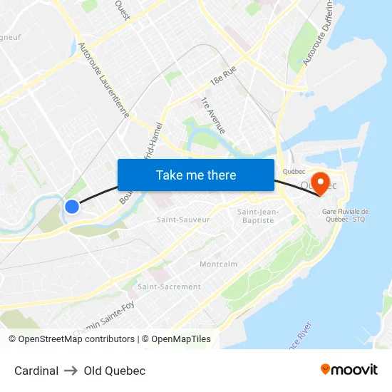 Cardinal to Old Quebec map