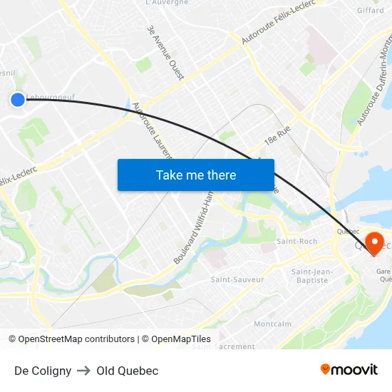 De Coligny to Old Quebec map