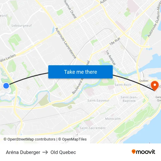 Aréna Duberger to Old Quebec map