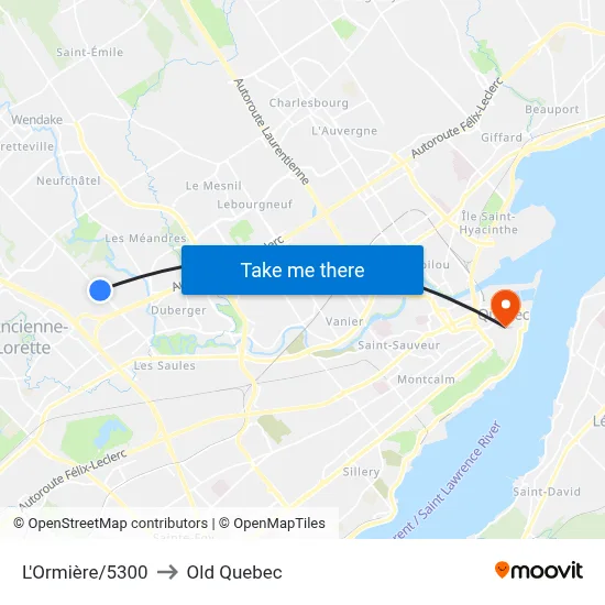 L'Ormière/5300 to Old Quebec map