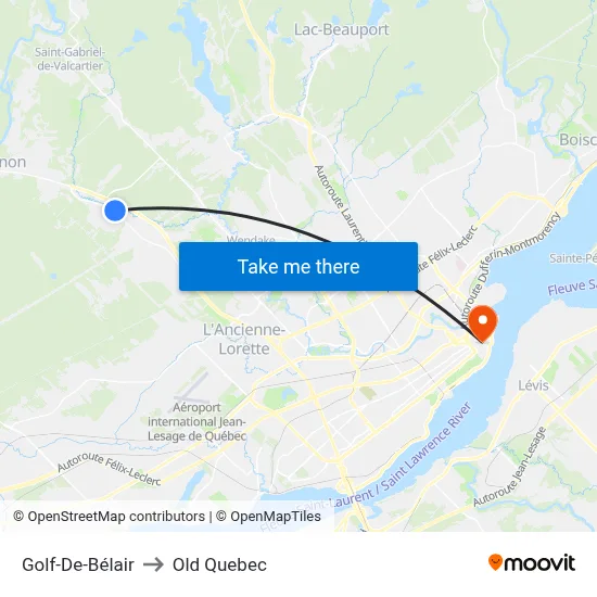 Golf-De-Bélair to Old Quebec map