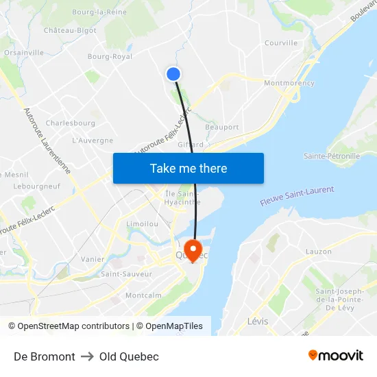 De Bromont to Old Quebec map