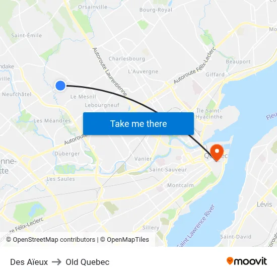Des Aïeux to Old Quebec map