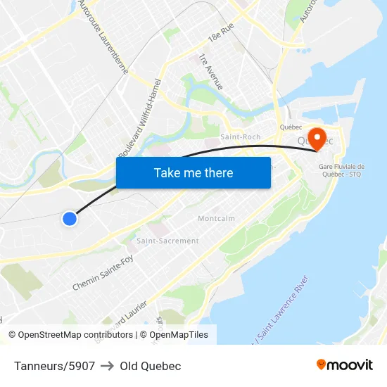 Tanneurs/5907 to Old Quebec map