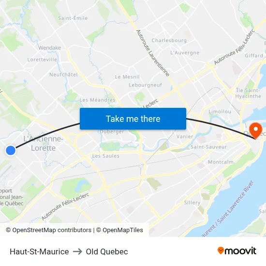 Haut-St-Maurice to Old Quebec map