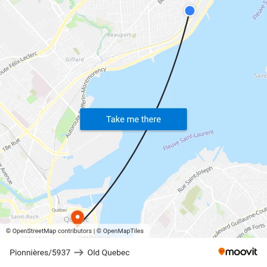 Pionnières/5937 to Old Quebec map