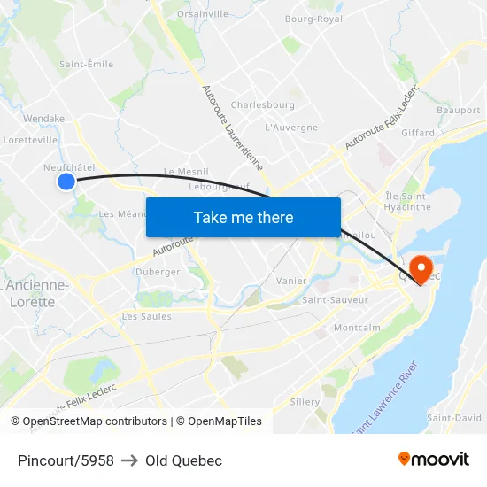 Pincourt/5958 to Old Quebec map