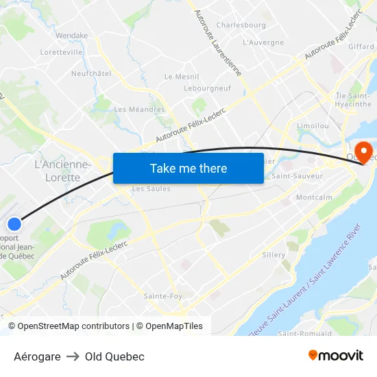 Aérogare to Old Quebec map