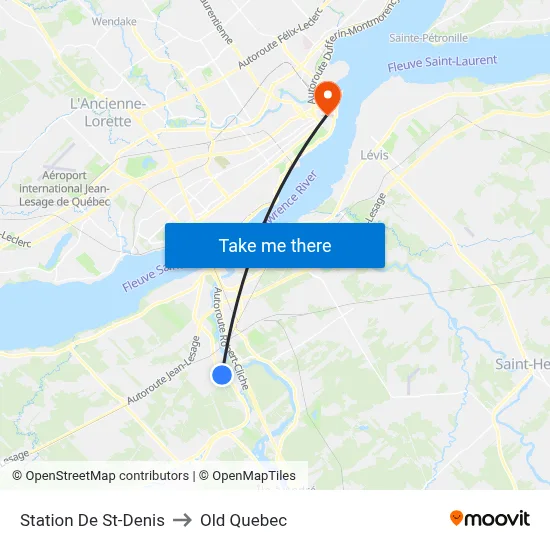 Station De St-Denis to Old Quebec map