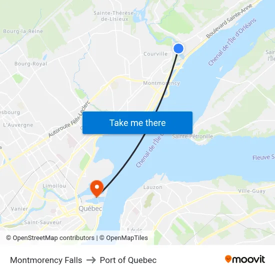 Montmorency Falls to Port of Quebec map