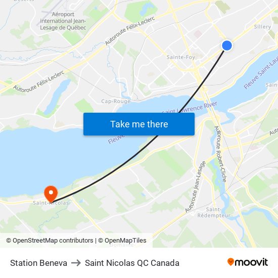 Station Beneva to Saint Nicolas QC Canada map