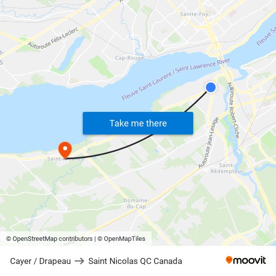 Cayer / Drapeau to Saint Nicolas QC Canada map