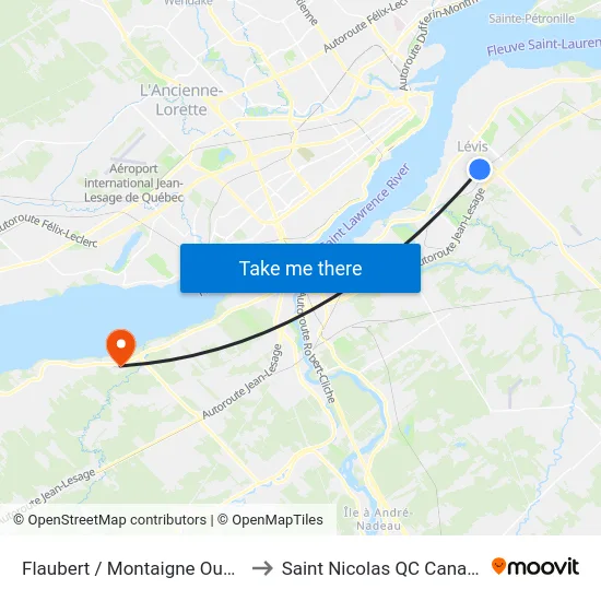 Flaubert / Montaigne Ouest to Saint Nicolas QC Canada map