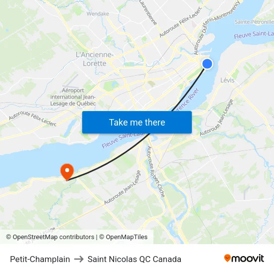 Petit-Champlain to Saint Nicolas QC Canada map