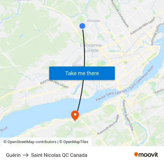 Guérin to Saint Nicolas QC Canada map