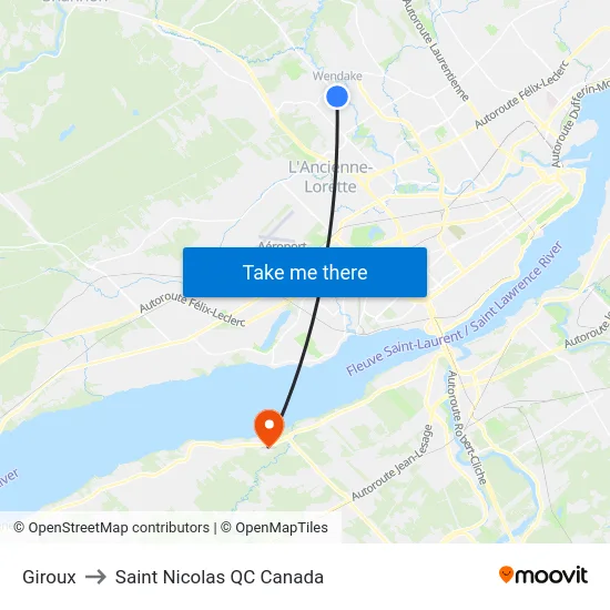 Giroux to Saint Nicolas QC Canada map