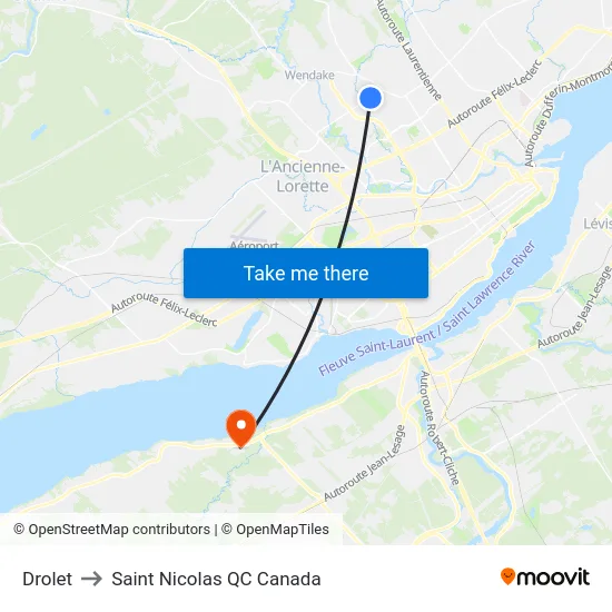 Drolet to Saint Nicolas QC Canada map