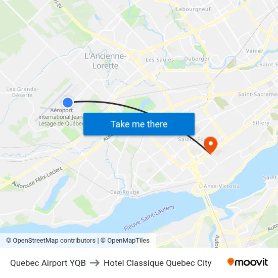 Quebec Airport YQB to Hotel Classique Quebec City map