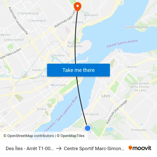 Des Îles - Arrêt T1-0010 to Centre Sportif Marc-Simoneau map