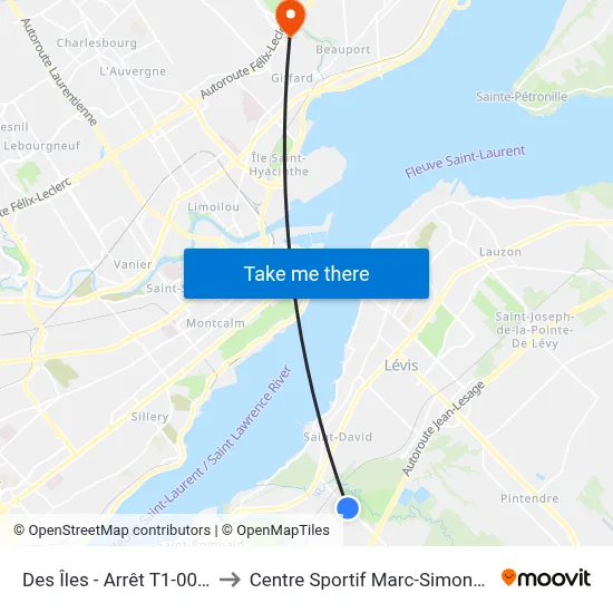 Des Îles - Arrêt T1-0020 to Centre Sportif Marc-Simoneau map