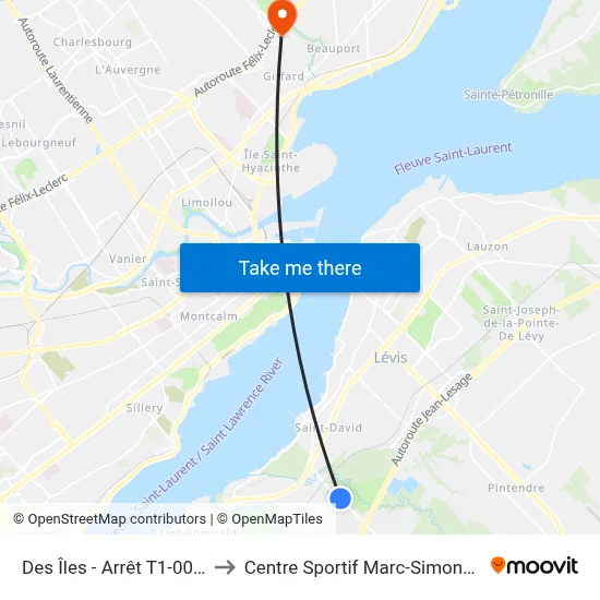 Des Îles - Arrêt T1-0025 to Centre Sportif Marc-Simoneau map
