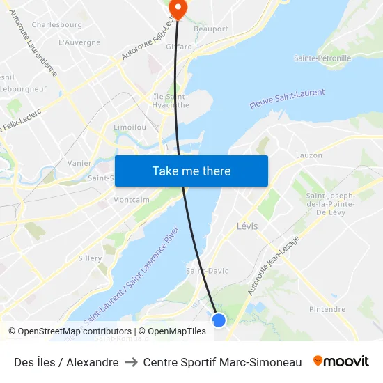 Des Îles / Alexandre to Centre Sportif Marc-Simoneau map