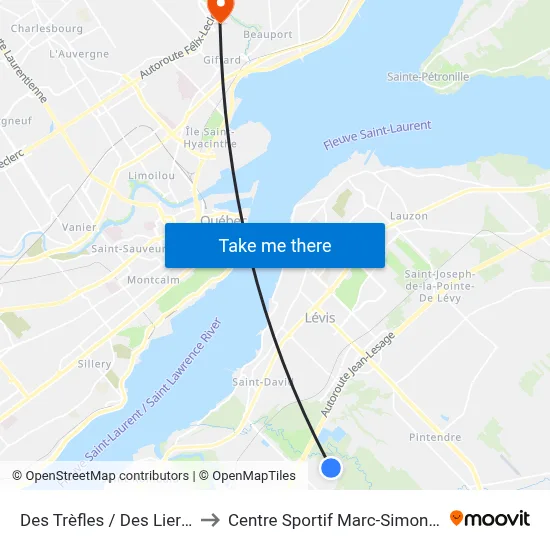 Des Trèfles / Des Lierres to Centre Sportif Marc-Simoneau map
