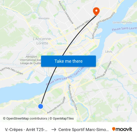 V.-Crêpes - Arrêt T25-0020 to Centre Sportif Marc-Simoneau map