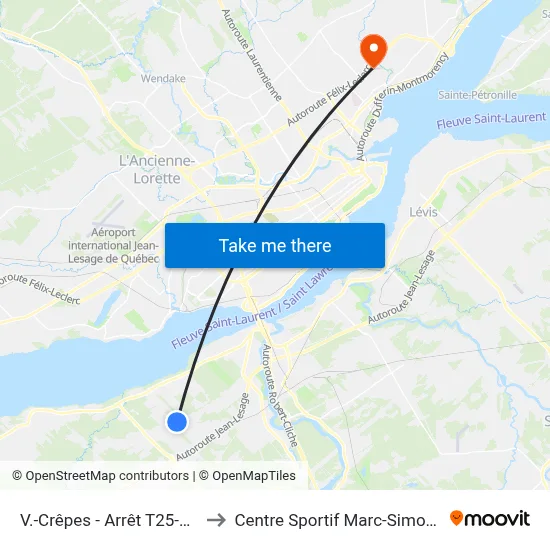 V.-Crêpes - Arrêt T25-0090 to Centre Sportif Marc-Simoneau map
