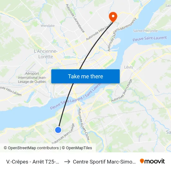 V.-Crêpes - Arrêt T25-0115 to Centre Sportif Marc-Simoneau map