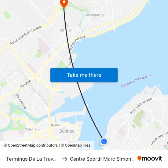 Terminus De La Traverse to Centre Sportif Marc-Simoneau map